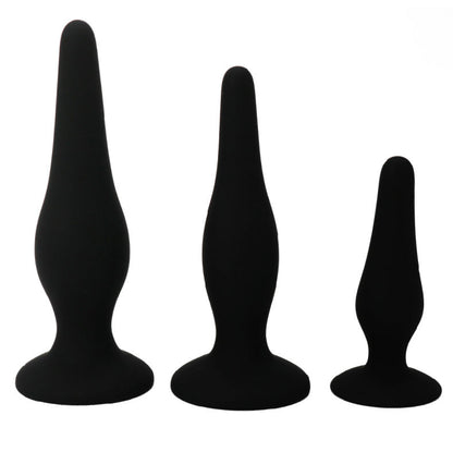 Kit PRETTY LOVE de 3 Plugs Anais em Silicone para iniciantes, mostrando os diferentes tamanhos e a textura suave.