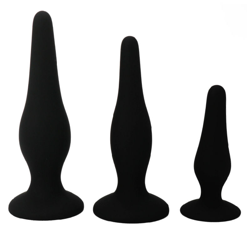Kit PRETTY LOVE de 3 Plugs Anais em Silicone para iniciantes, mostrando os diferentes tamanhos e a textura suave.