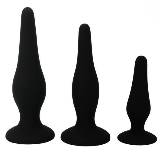 Kit PRETTY LOVE de 3 Plugs Anais em Silicone para iniciantes, mostrando os diferentes tamanhos e a textura suave.
