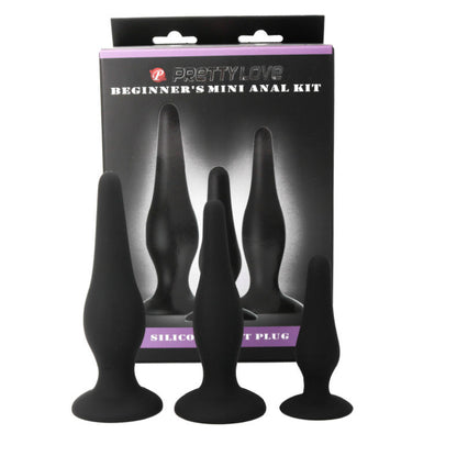 Kit PRETTY LOVE de 3 Plugs Anais em Silicone para iniciantes, mostrando os diferentes tamanhos e a textura suave.