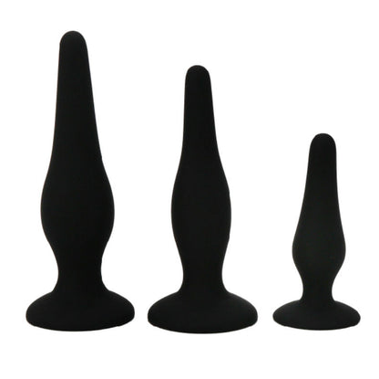 Kit PRETTY LOVE de 3 Plugs Anais em Silicone para iniciantes, mostrando os diferentes tamanhos e a textura suave.
