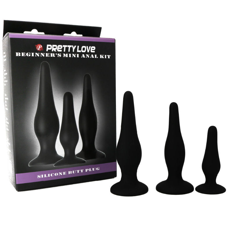 Kit PRETTY LOVE de 3 Plugs Anais em Silicone para iniciantes, mostrando os diferentes tamanhos e a textura suave.