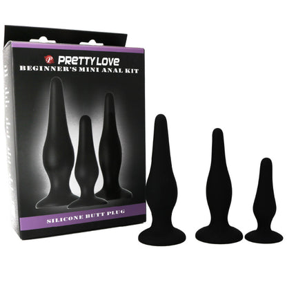 Kit PRETTY LOVE de 3 Plugs Anais em Silicone para iniciantes, mostrando os diferentes tamanhos e a textura suave.