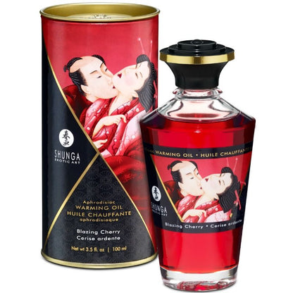 Frasco de Óleo de Massagem SHUNGA Efeito Calor Sabor Cereja Intenso, pronto para uma experiência sensual.