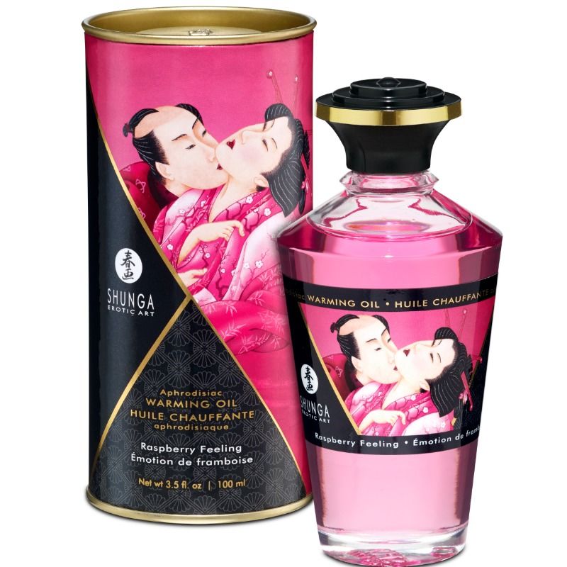 Frasco do Óleo de Massagem SHUNGA Efeito Calor Sabor Framboesa 100 ml, pronto para uma massagem sensual.