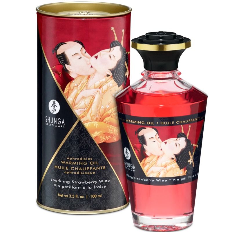 Shunga Óleo de Massagem com Efeito Calor Morangos e Cava 100ml, para massagens sensuais e estimulantes.