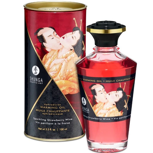 Shunga Óleo de Massagem com Efeito Calor Morangos e Cava 100ml, para massagens sensuais e estimulantes.