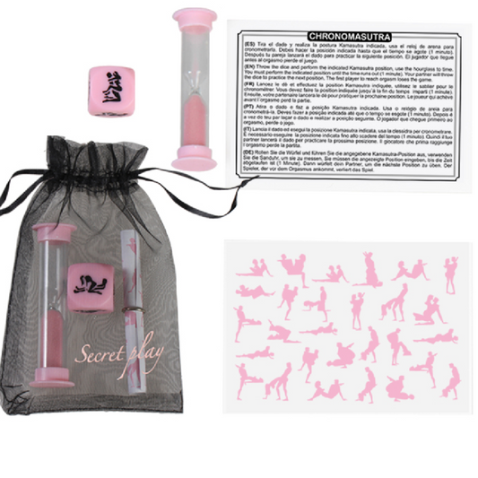 SECRETPLAY Kit Chronomasutra, um jogo erótico para casais com dado de posições e ampulheta.