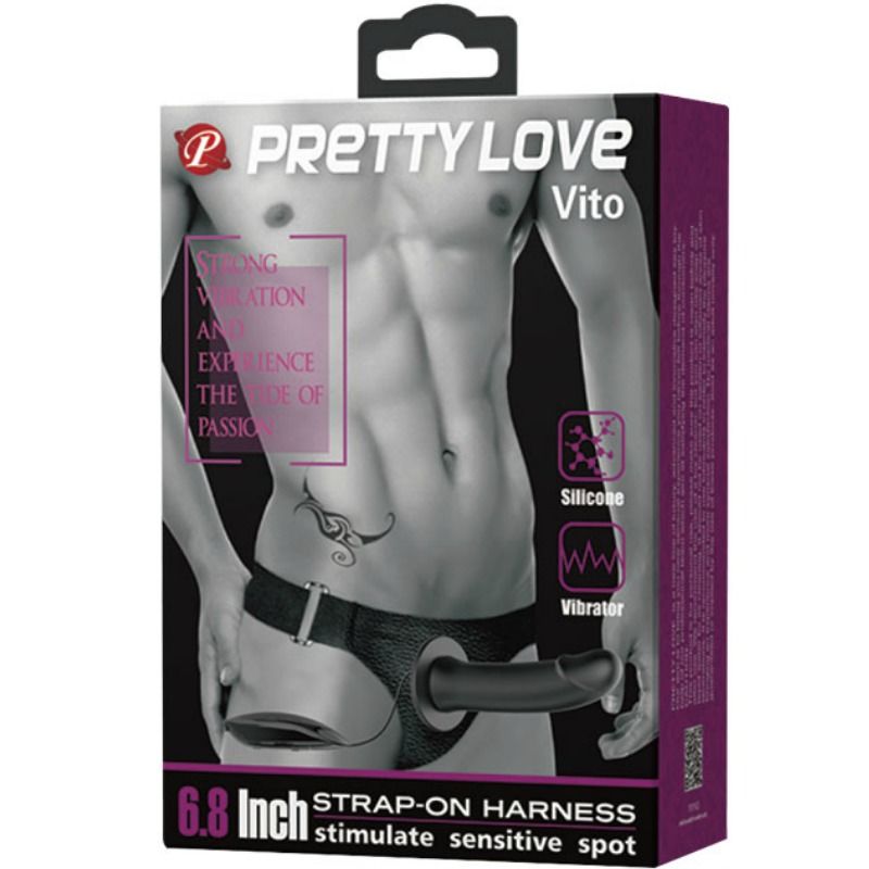 Strap-on vibratório PRETTY LOVE Vito com dildo oco e controlo remoto para prazer partilhado.