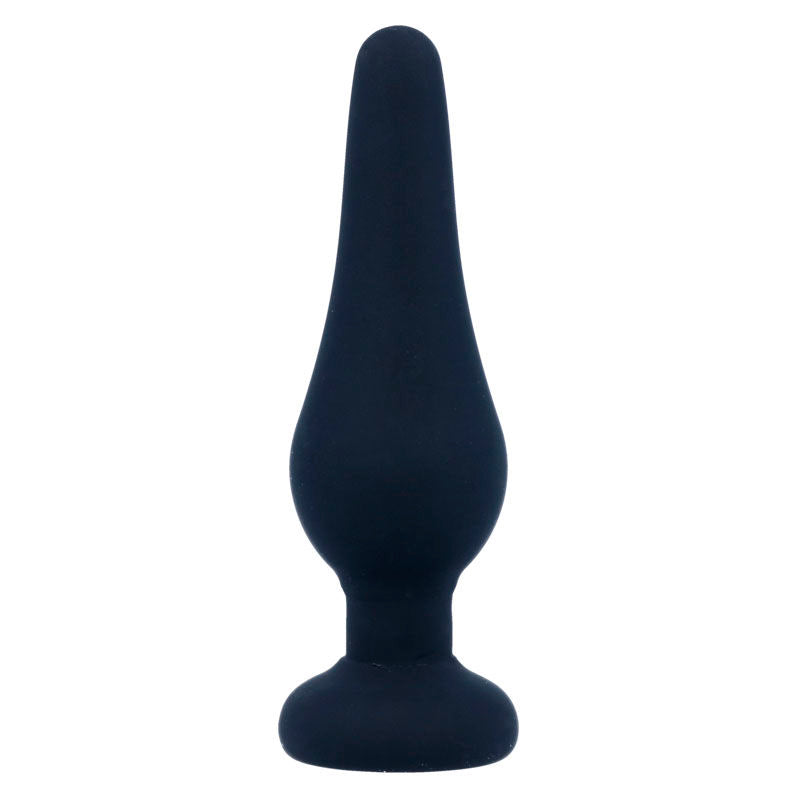Close-up do Plug Anal Pipo S da INTENSE, em silicone preto, mostrando seu design cônico e superfície lisa.