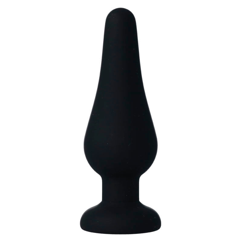 Close-up do Plug Anal Intense Pipo M de Silicone Preto 11 CM, destacando a sua forma cónica e material macio.
