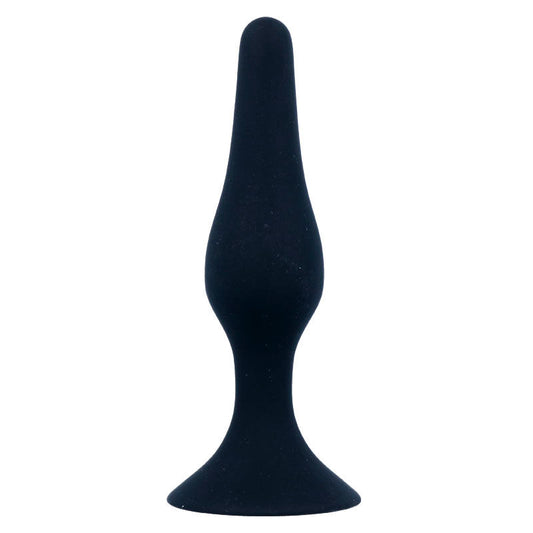 Close-up do INTENSE Plug Anal Nível 2 em silicone médico preto, destacando seu design cónico e material suave.