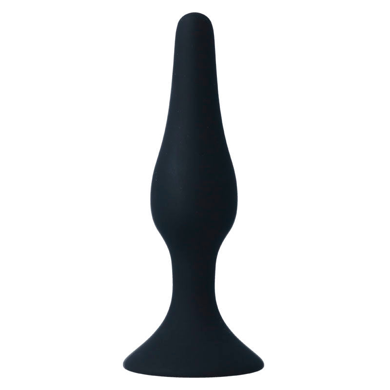 Close-up do Plug Anal INTENSE de Silicone Macio e Gradual 15,5cm, mostrando sua forma cônica e material liso e preto.