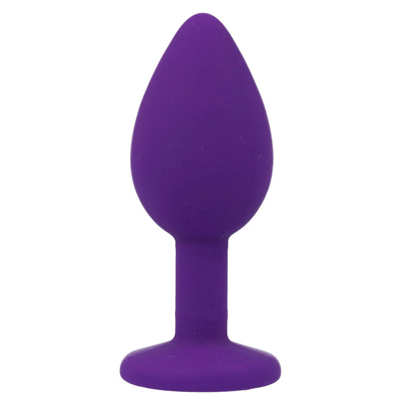 Close-up do INTENSE Plug Anal de Silicone Macio com Base Diamante Lilás, mostrando sua textura e formato ergonómico.