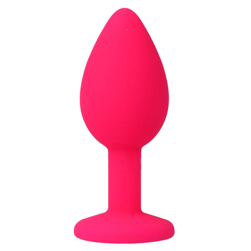 Plug anal Intense Shelki S fúcsia em silicone médico, com base em diamante, visto de perto.