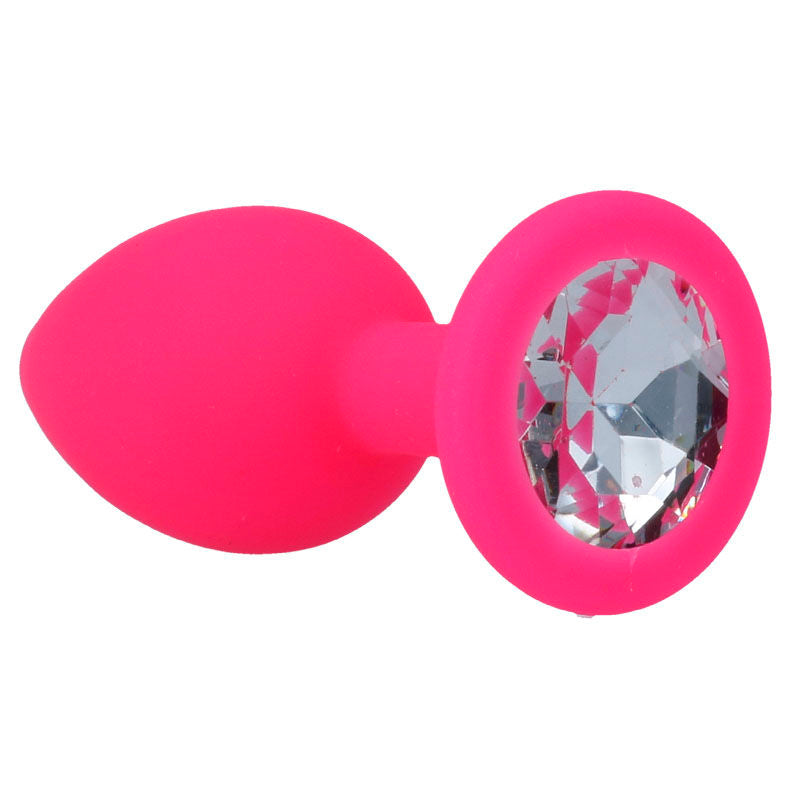 Plug anal Intense Shelki S fúcsia em silicone médico, com base em diamante, visto de perto.