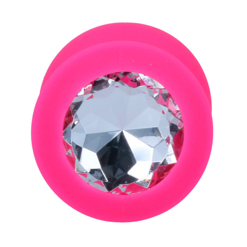 Detalhe do Plug Anal INTENSE Shelki L Silicone Macio Fúcsia, mostrando sua forma ergonómica e base de diamante.