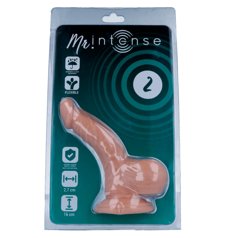 Close-up of the MR INTENSE Dildo Realista 16cm x 2.7cm showing its realistic texture and suction cup base.