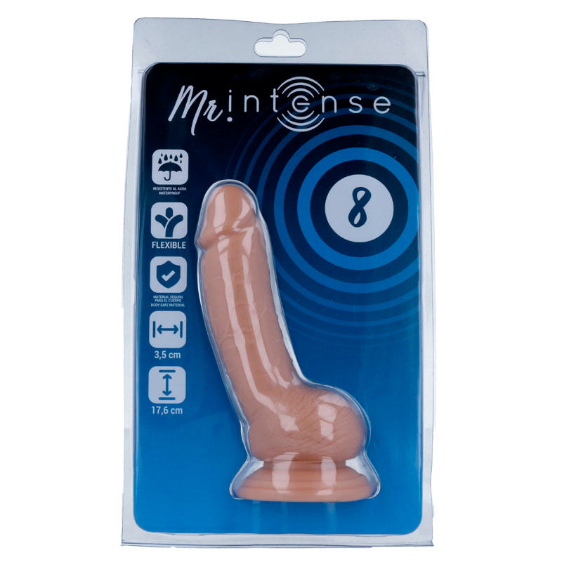 Close-up of the MR INTENSE Dildo Realista 17.6 cm with suction cup, showing its realistic texture and design.