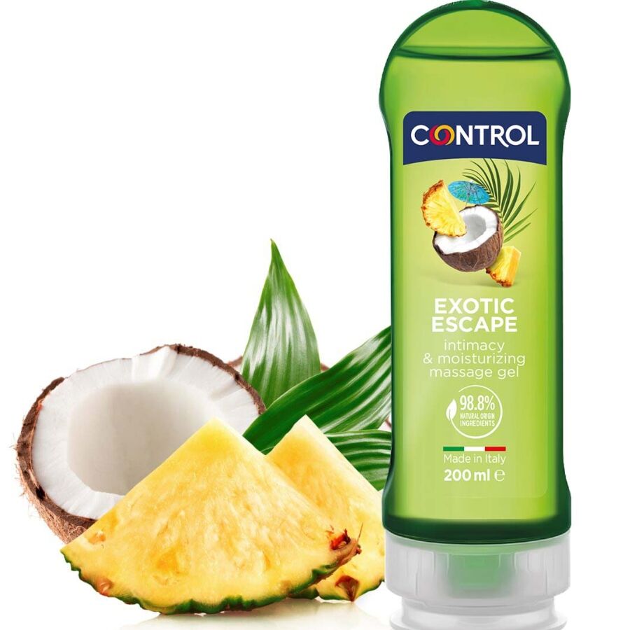 Embalagem do CONTROL Gel de Massagem & Prazer 2 em 1 Exótico 200 ML, mostrando o design e a marca.