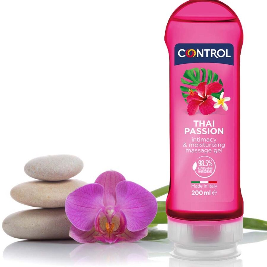 Embalagem do CONTROL Gel Massagem 2 em 1 Tailandês Paixão Estimulante 200 ML, destacando o design e a marca.