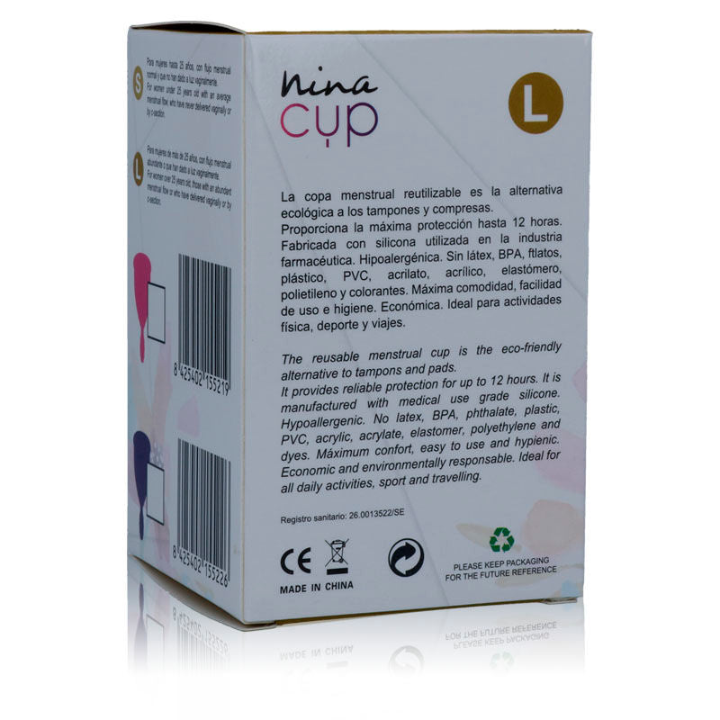 Copo Menstrual NINA KIKÍ Rosa, Tamanho L, para higiene íntima feminina.