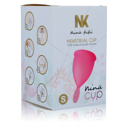 Copo menstrual NINA KIKÍ Rosa Tamanho S, feito de silicone médico para higiene íntima.