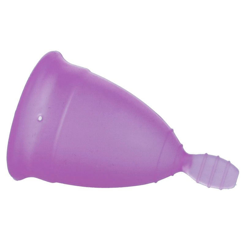 Copo menstrual NINA KIKÍ roxo tamanho L, mostrando o material de silicone médico e a forma.