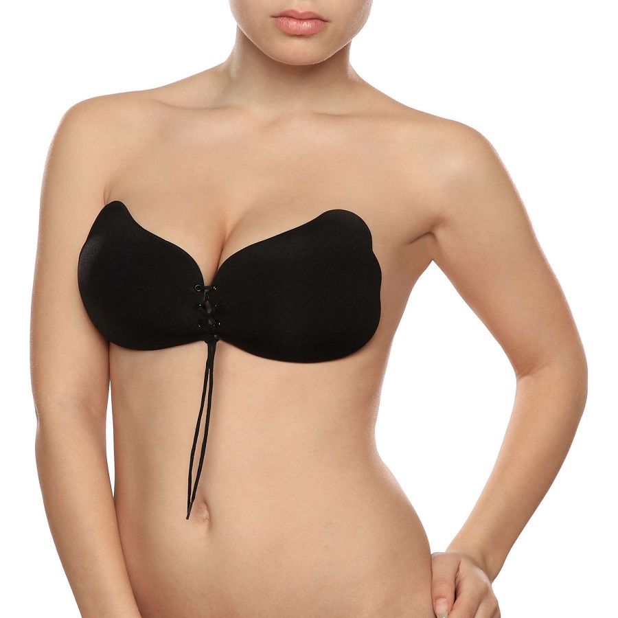 Sutiã adesivo push-up BYE-BRA Lace-It Preto Copo A para decote aprimorado e uso invisível.