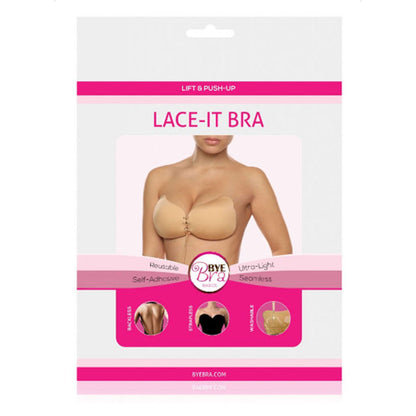 BYE-BRA Sutiã Adesivo Push-Up Efeito Renda Preto Copa D com detalhe do fecho frontal.