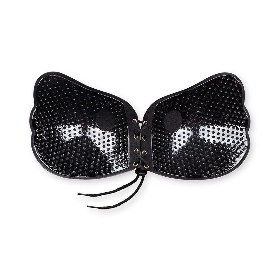 BYE-BRA Sutiã Adesivo Push-Up Efeito Renda Preto Copa D com detalhe do fecho frontal.