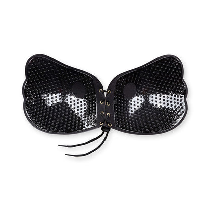 BYE-BRA Sutiã Adesivo Push-Up Efeito Renda Preto Copa D com detalhe do fecho frontal.