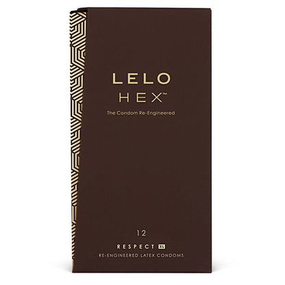 Close-up dos LELO Preservativos HEX Respect XL 12 Pack, mostrando a embalagem e o design hexagonal.