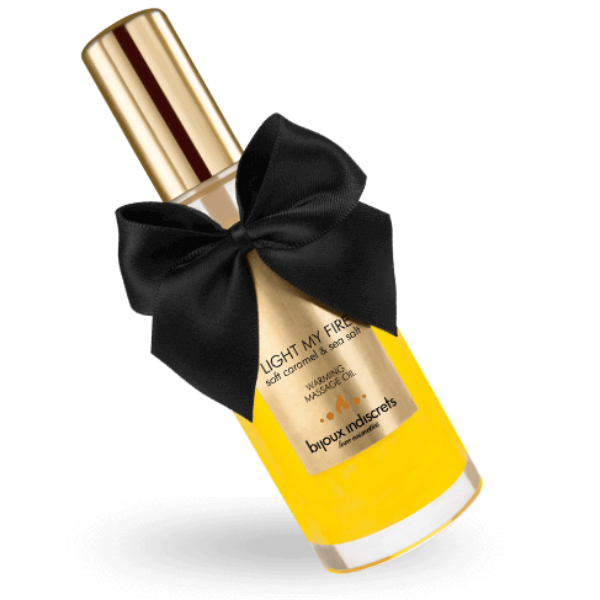 Óleo de massagem BIJOUX com efeito calor e aroma a caramelo 100ml, para momentos sensuais e aquecedores.