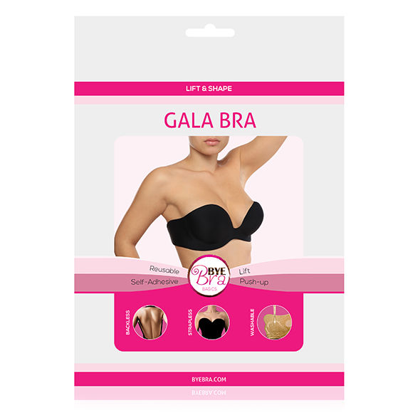 Sutiã adesivo BYE-BRA Gala Push-Up invisível na cor preta, ideal para roupas sem alças e sem costas.