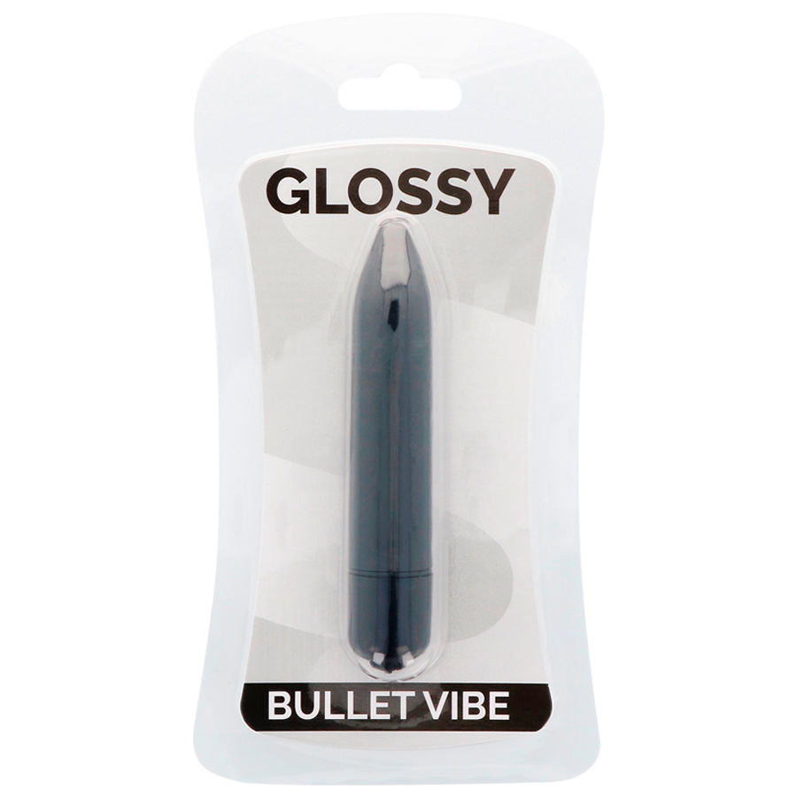 Vibrador Mini Portátil GLOSSY Preto, destacando o seu design compacto e material seguro.