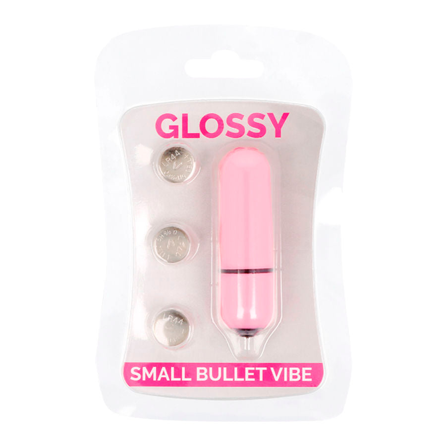 Close-up da Bala Vibratória GLOSSY Pequeno Rosa, destacando seu design compacto e elegante.
