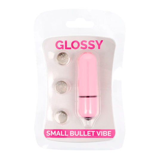 Close-up da Bala Vibratória GLOSSY Pequeno Rosa, destacando seu design compacto e elegante.