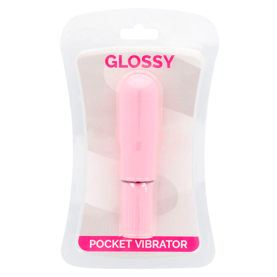 Close-up do GLOSSY Vibrador de Bolso Rosa, mostrando seu design compacto e cor.