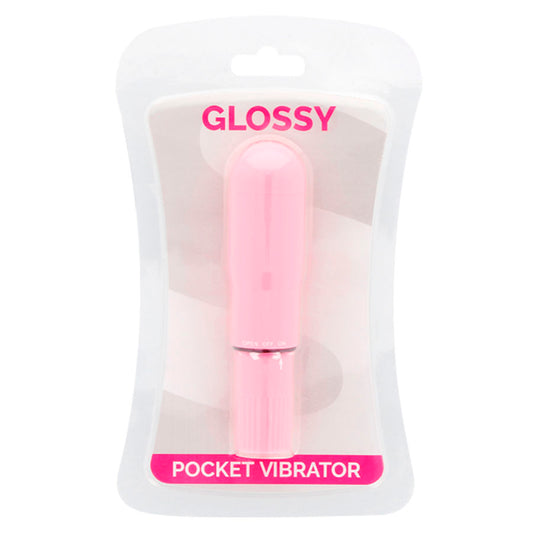 Close-up do GLOSSY Vibrador de Bolso Rosa, mostrando seu design compacto e cor.