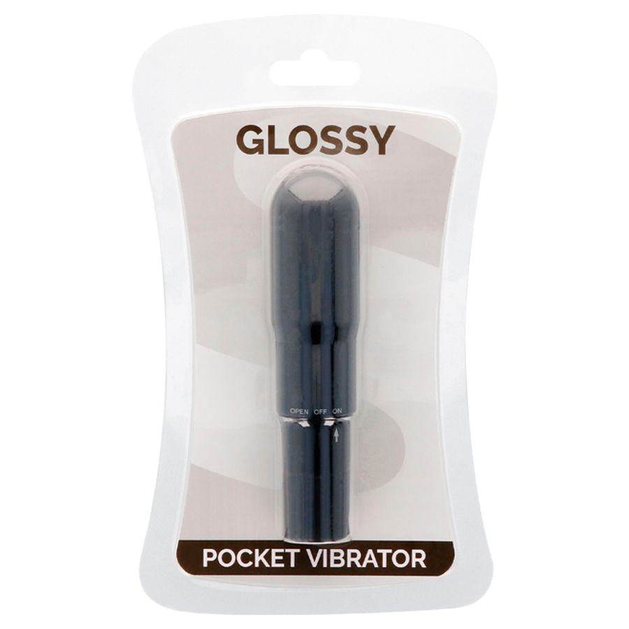 Close-up do GLOSSY Vibrador de Bolso Preto, destacando seu design compacto e elegante.