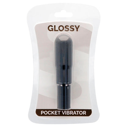 Close-up do GLOSSY Vibrador de Bolso Preto, destacando seu design compacto e elegante.