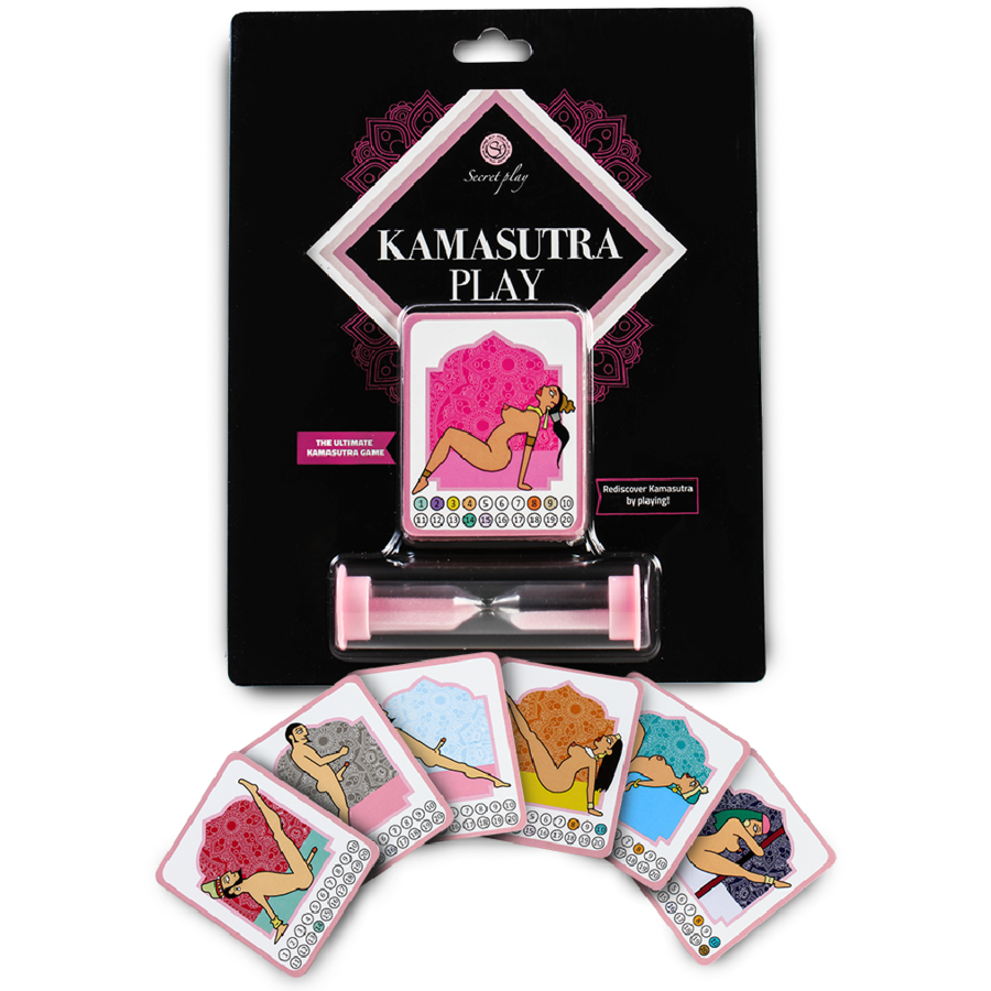 Jogo para Casais Kamasutra Play SecretPlay, mostrando as cartas de posições e a ampulheta.