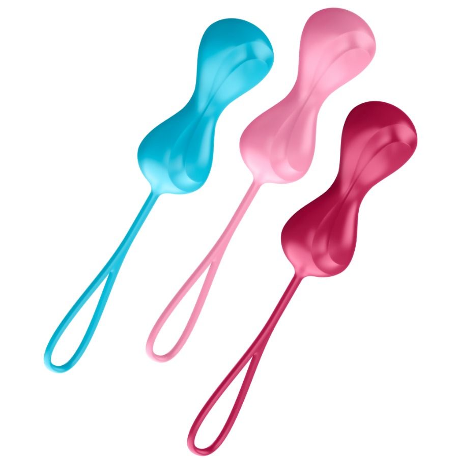 Close-up of the Satisfyer Conjunto Treino Loveballs 3 Peças, showing different weighted balls and their smooth silicone texture.