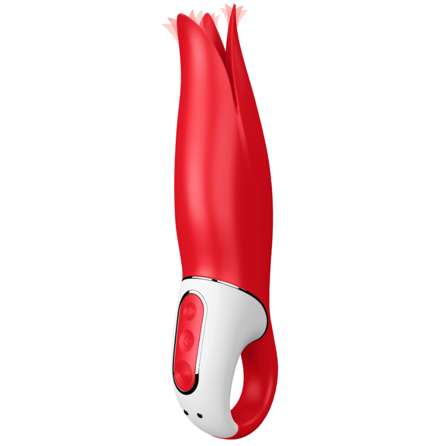 Close-up of the Satisfyer Vibe Power Flower vibrator, showing its sleek design, silicone texture, and ergonomic shape with fine stimulating tips.
