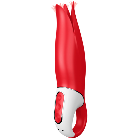 Close-up of the Satisfyer Vibe Power Flower vibrator, showing its sleek design, silicone texture, and ergonomic shape with fine stimulating tips.