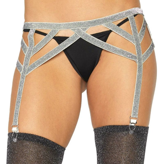 Cinto-liga elástico Leg Avenue Lurex Prata Tamanho Único, ideal para lingerie sensual.