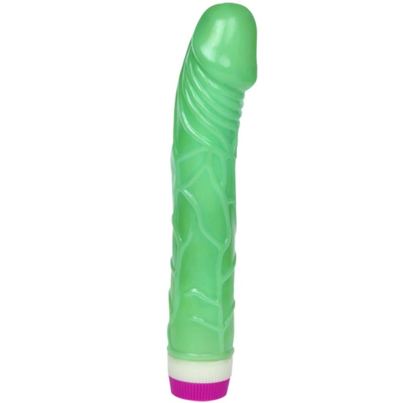 Vibrador realista Baile Waves of Pleasure de 23cm na cor verde, mostrando as suas veias detalhadas e formato ergonómico.