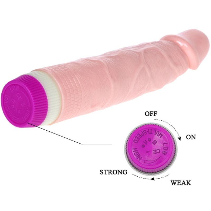 Close-up of the 'BAILE Vibrador Realista para Iniciantes 21.5cm Multivelocidade' showing its texture and features.