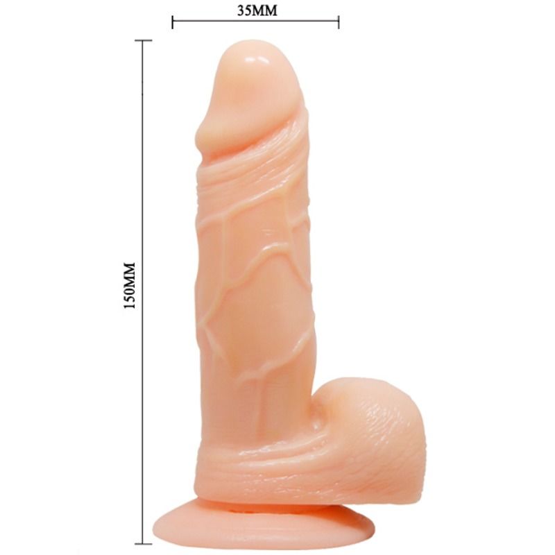 Vibrador realista BAILE PRIME com função vibratória, giratória e controle remoto, destacando sua textura natural e ventosa.
